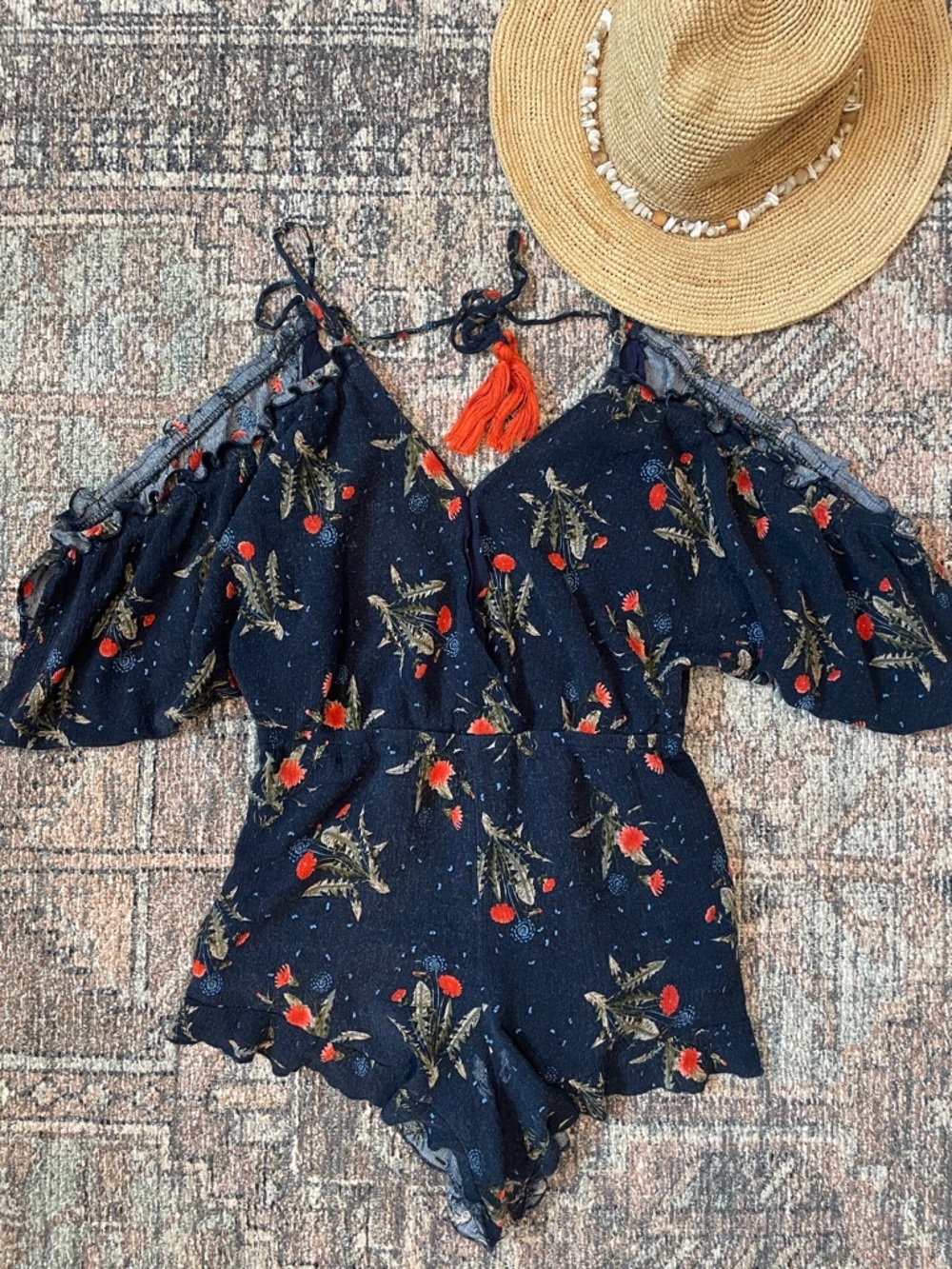 Re:Named Floral Romper Size S Navy Blue Off Shoulder Boho Festival Summer